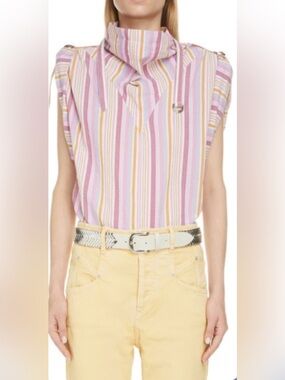 Isabel Marant Striped Pink, Yellow & White Cotton Puff-Sleeve Blouse